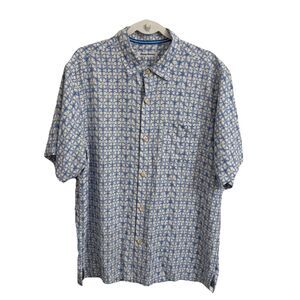 Tommy Bahama Camp Shirt Mens Large Blue White Silk Button Up Resortwear Tropical